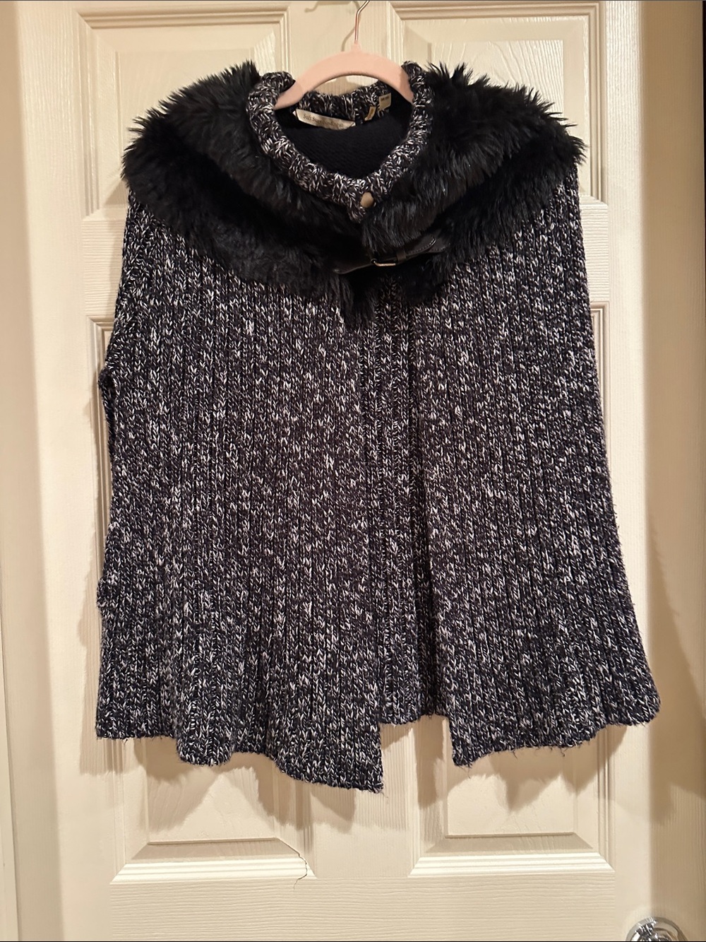 Soft Surroundings Black Marled Knit Cape with Faux Fur Trim